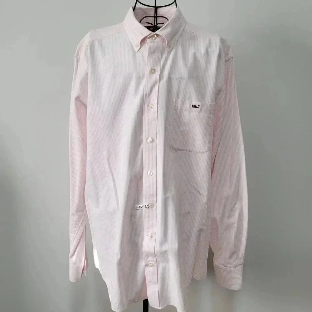 Vineyard Vines Button Down Shirt Large Men's Pink White Striped Slim Fit Tucker